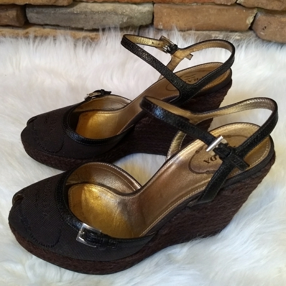 Prada Peep Toe Wedge Sandles